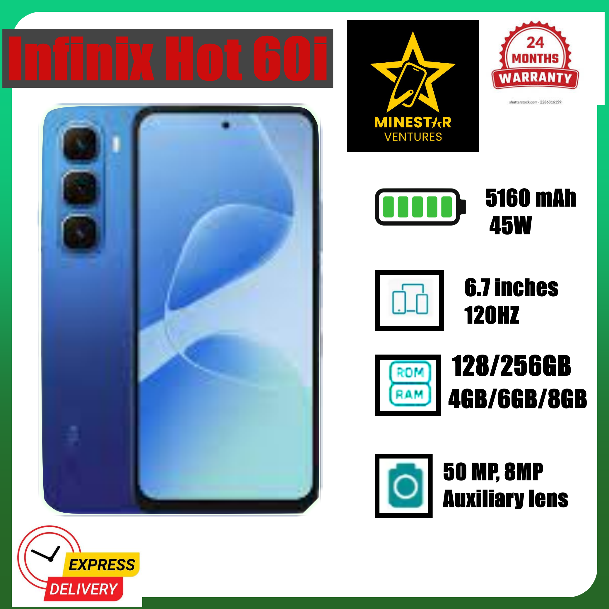 NEW ARRIVALS!! Brand New Infinix Hot 60i 6.7 Inches, 6GB RAM+128GB ROM, 5000 MAh Battery, 50MP Rear & 8MP Selfie Camera, Dual SIM, Fingerprint Sensor (Side-Mounted), IPS LCD Screen - Smartphones