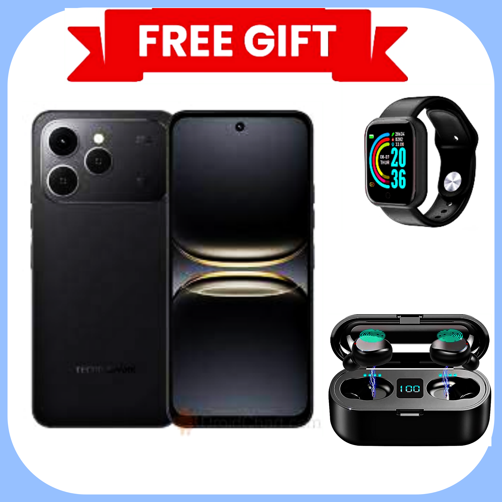 NEW ARRIVAL DEALS!!Tecno Spark 40 6.67" 128GB ROM, Upto 8GB(4+4)GB RAM, 5200mAh Battery, Android 14, 50MP Camera, Side Fingerprint Smartphones+ TECNO 10000mAh SMARTWATCH+ EARBUDS