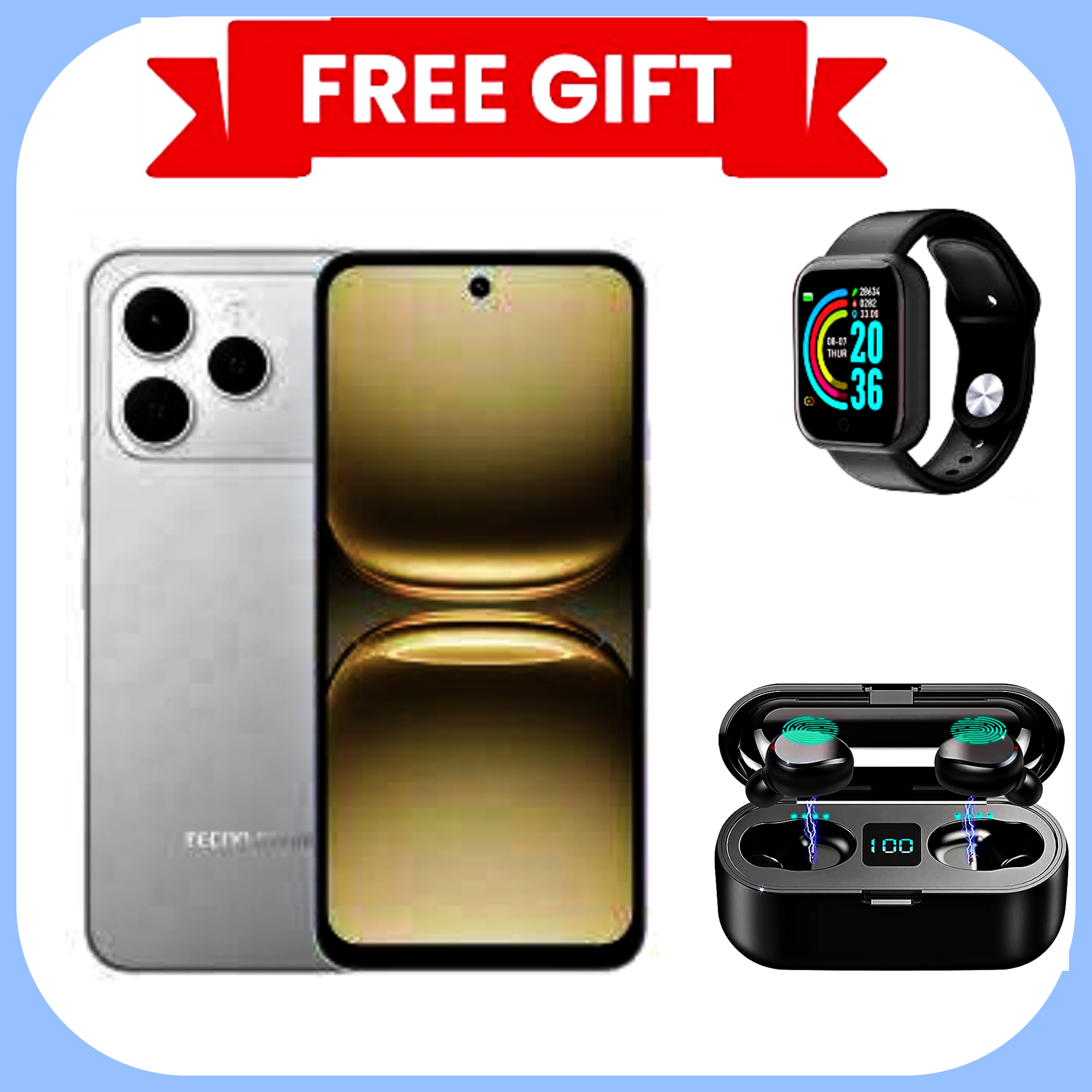 NEW ARRIVAL DEALS!!Tecno Spark 40 6.67" 128GB ROM, Upto 8GB(4+4)GB RAM, 5200mAh Battery, Android 14, 50MP Camera, Side Fingerprint Smartphones+ TECNO 10000mAh SMARTWATCH+ EARBUDS