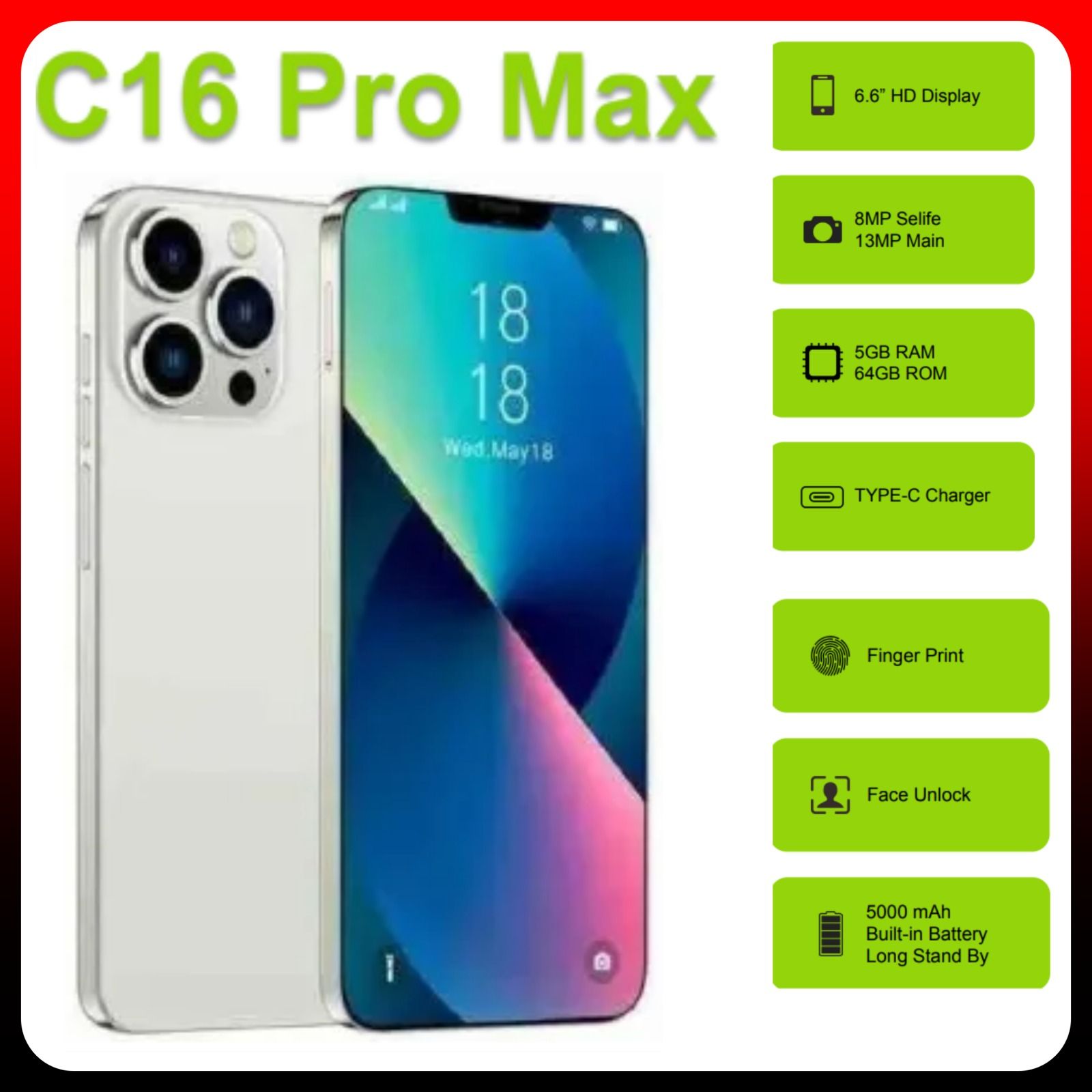 NEW ARRIVAL DEALS!!! Corn C16 Pro Max 6.6" Screen 64GB ROM+5GB (2+3 expanded)GB RAM, 5000mAh Battery, 13MP main & 8MP selfie camera, Finegrprint+Face Unlock, Android 12, Type C Chargers - Smartphones