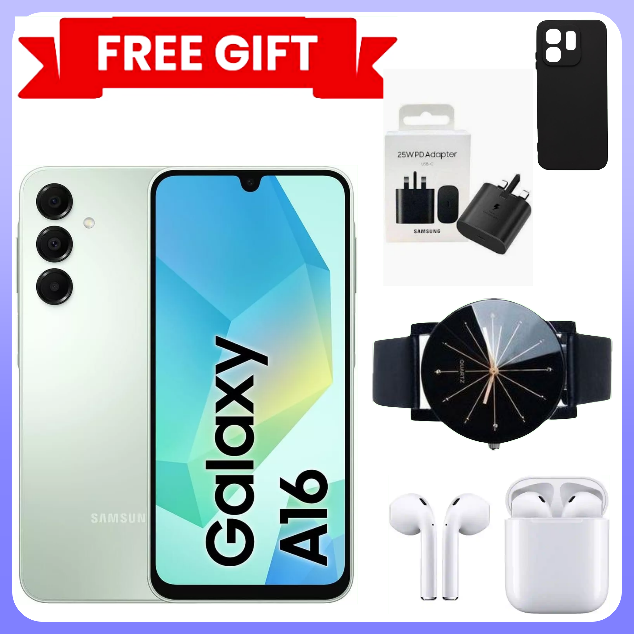 LIMITED TIME DEALS!! !! BRAND NEW Samsung Galaxy A16, 4GB+128GB ROM 6.7" HD, Android 14, 4G, Bluetooth, 50MP-Camera, Battery-5000mah,(Dual Sim)-Smartphone+FREE ADAPTER, COVER,EARPODS AND WEBWATCH