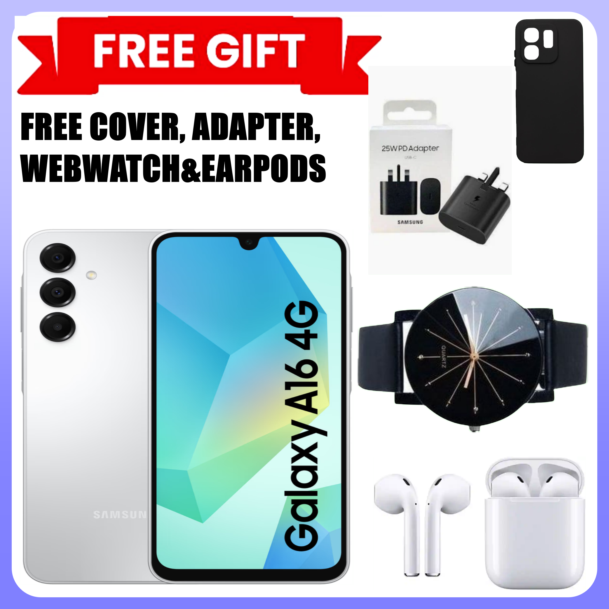 LIMITED TIME DEALS!! !! BRAND NEW Samsung Galaxy A16, 4GB+128GB ROM 6.7" HD, Android 14, 4G, Bluetooth, 50MP-Camera, Battery-5000mah,(Dual Sim)-Smartphone+FREE ADAPTER, COVER,EARPODS AND WEBWATCH