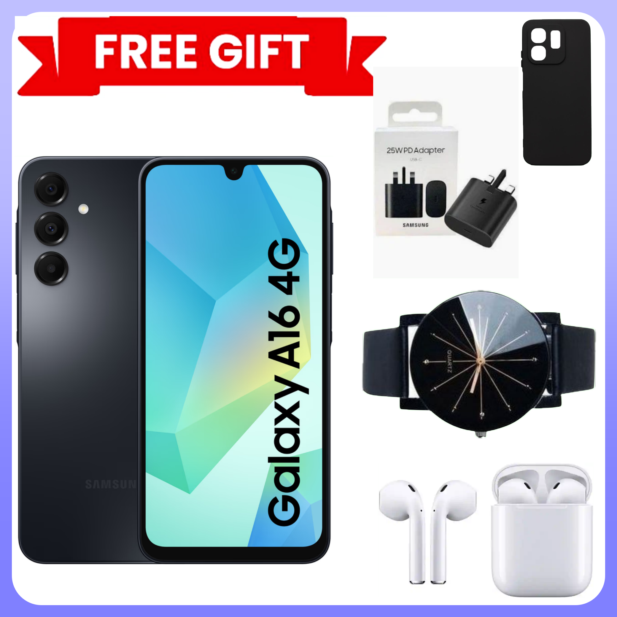 LIMITED TIME DEALS!! !! BRAND NEW Samsung Galaxy A16, 4GB+128GB ROM 6.7" HD, Android 14, 4G, Bluetooth, 50MP-Camera, Battery-5000mah,(Dual Sim)-Smartphone+FREE ADAPTER, COVER,EARPODS AND WEBWATCH