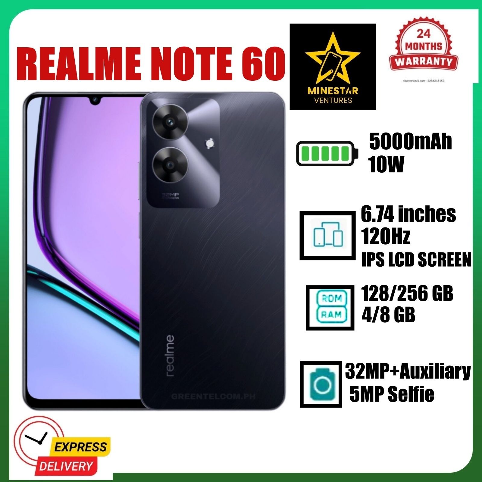NEW ARRIVALS!! Realme Note 60- 6.74 Inch IPS LCD Display, 4+256GB RAM- Expandable Upto 16GB(8+8) RAM, 5000mAh, Android 14, Fingerprint (side-mounted), 32MP Rear & 5MP Front Camera - Smartphones