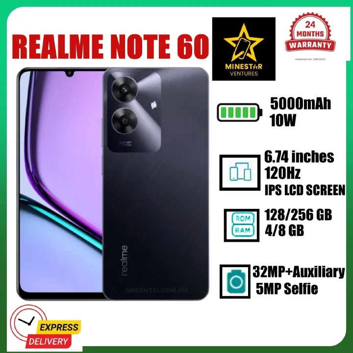 NEW ARRIVALS!! Realme Note 60- 6.74 Inch IPS LCD Display, 4+256GB RAM- Expandable Upto 16GB(8+8) RAM, 5000mAh, Android 14, Fingerprint (side-mounted), 32MP Rear & 5MP Front Camera - Smartphones