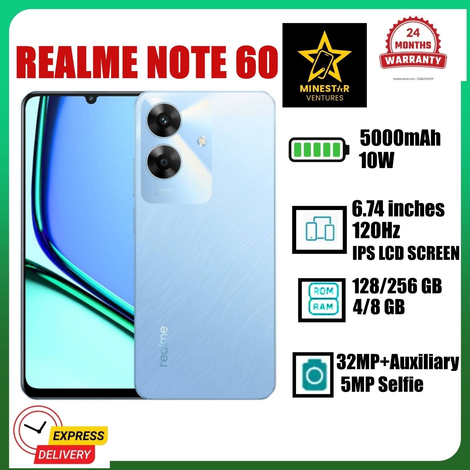 NEW ARRIVALS!! Realme Note 60- 6.74 Inch IPS LCD Display, 4+256GB RAM- Expandable Upto 16GB(8+8) RAM, 5000mAh, Android 14, Fingerprint (side-mounted), 32MP Rear & 5MP Front Camera - Smartphones