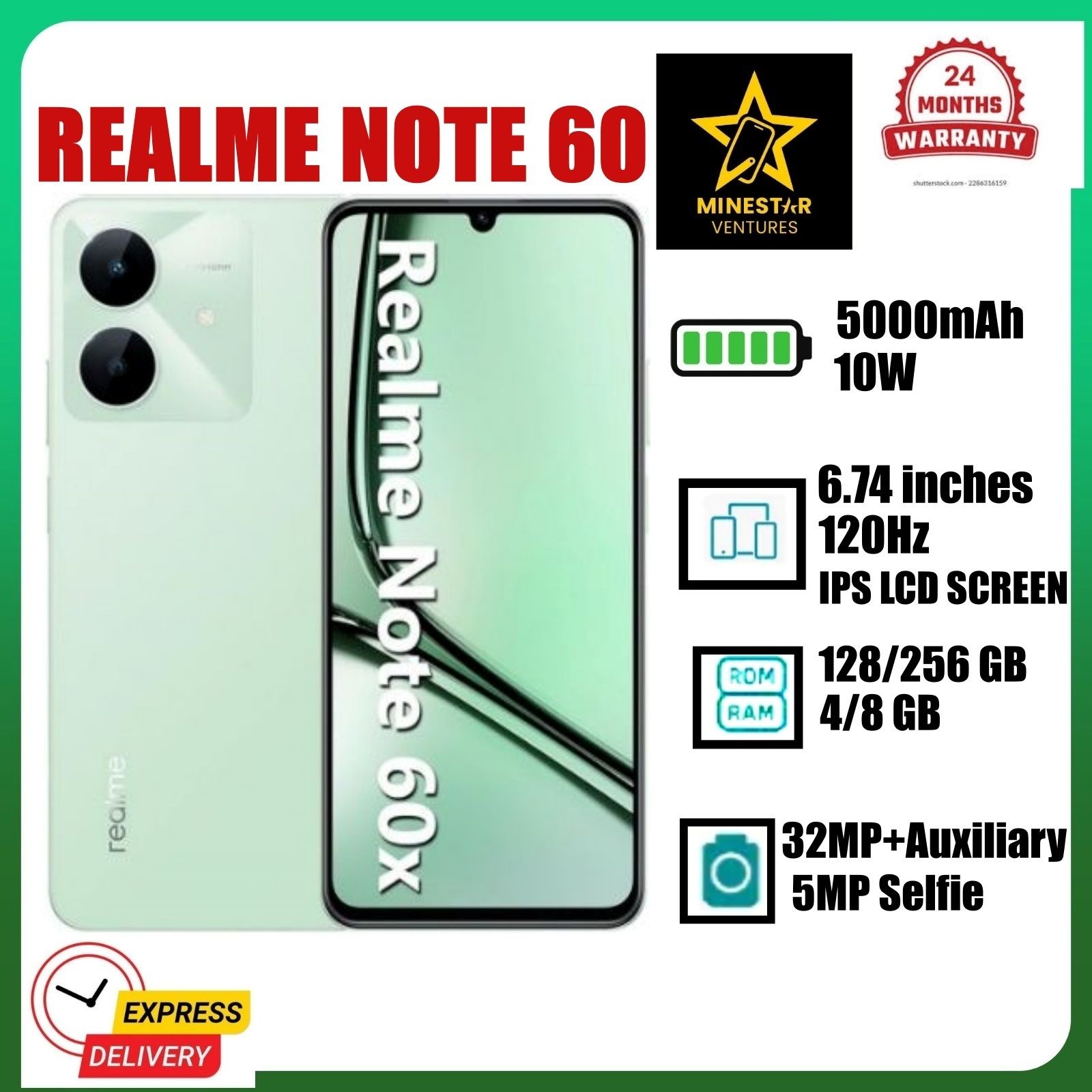 NEW ARRIVALS!! Realme Note 60- 6.74 Inch IPS LCD Display, 4+256GB RAM- Expandable Upto 16GB(8+8) RAM, 5000mAh, Android 14, Fingerprint (side-mounted), 32MP Rear & 5MP Front Camera - Smartphones