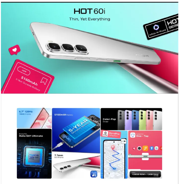 NEW ARRIVALS!! Brand New Infinix Hot 60i 6.7', 4/6GB RAM+128GB, 45W Fast Charger, 5160 MAh Battery, 50MP Rear & 8MP Selfie Camera, Dual SIM, Side Fingerprint Sensor, IPS LCD Screen  Smartphones Phones