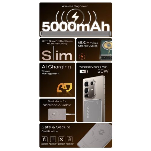 DISCOUNT DEALS!!  Infinix 5000mAh Slim Magnetic 20W Fast Dual Charging Wireless Power Bank Battery Pack For Note 40 & Note 50