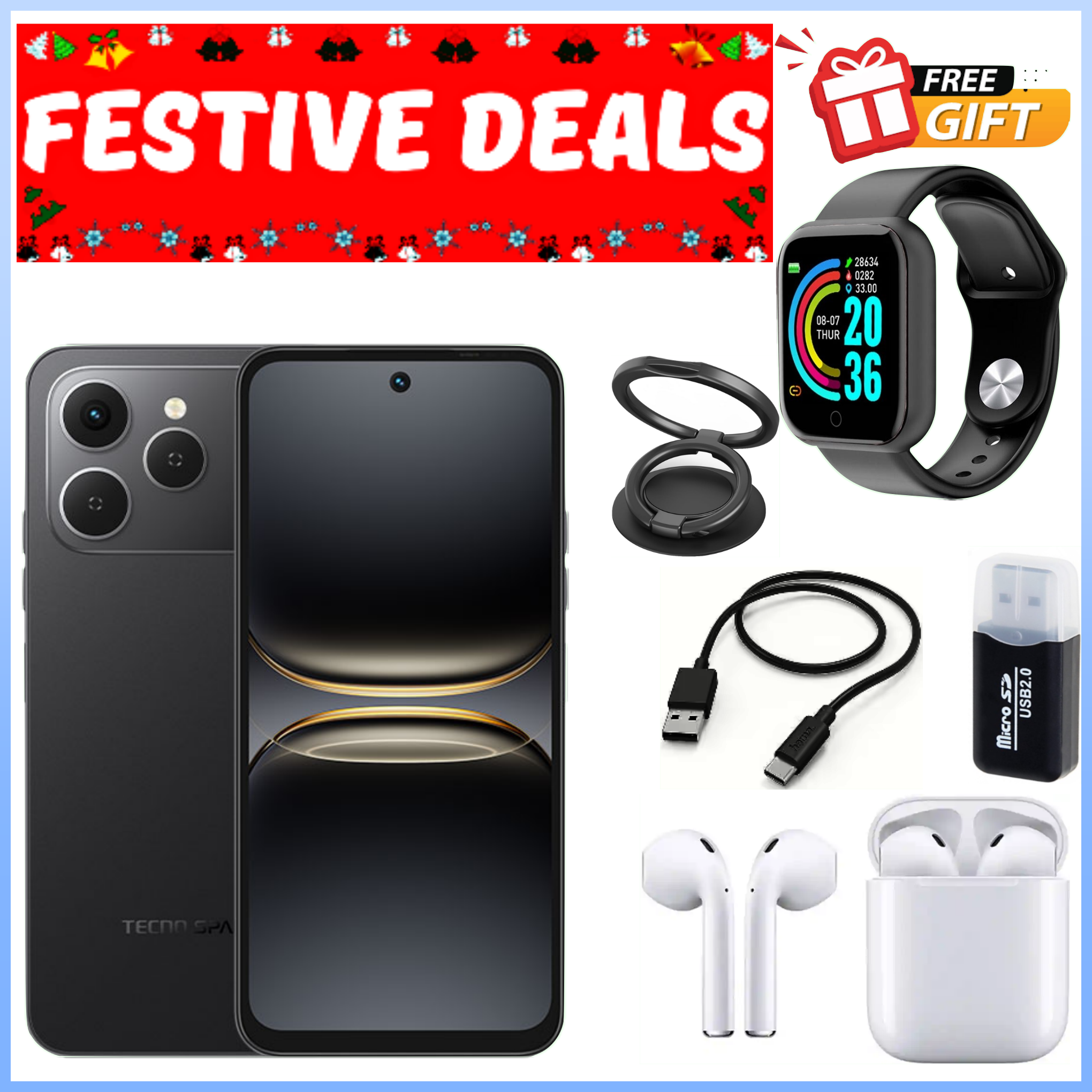 HOLIDAY DEALS!!Tecno Spark 40 6.67" 128GB ROM, Upto 8GB(4+4)GB RAM, 5200mAh Battery, Android 14, 50MP Camera, Side Fingerprint Smartphones+ TECNO 10000mAh SMARTWATCH+ EARBUDS