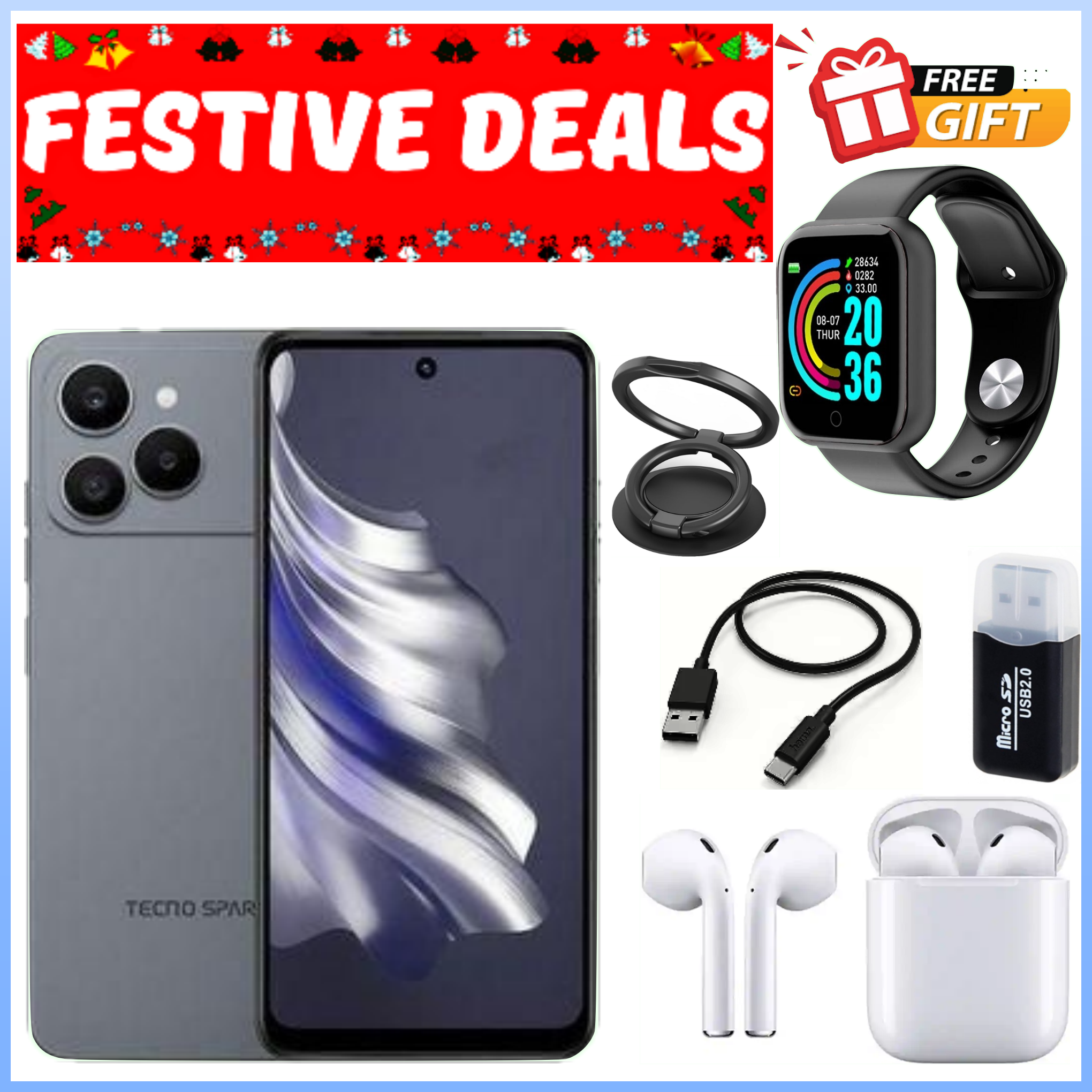 HOLIDAY DEALS!!Tecno Spark 40 6.67" 128GB ROM, Upto 8GB(4+4)GB RAM, 5200mAh Battery, Android 14, 50MP Camera, Side Fingerprint Smartphones+ TECNO 10000mAh SMARTWATCH+ EARBUDS
