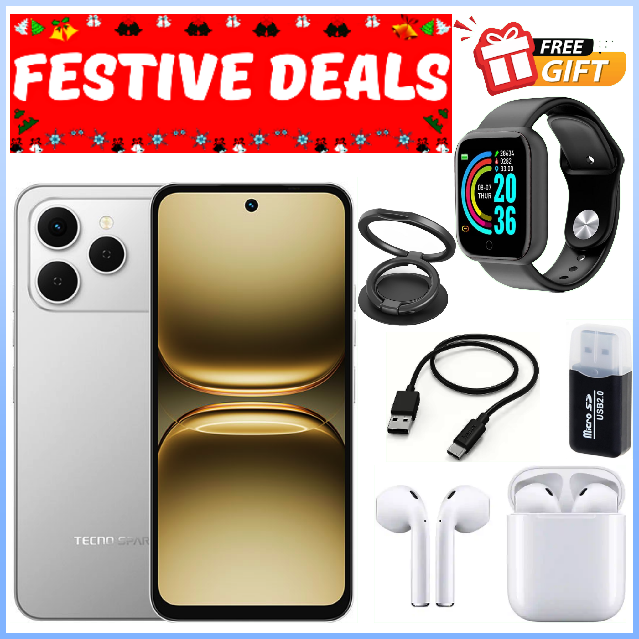 HOLIDAY DEALS!!Tecno Spark 40 6.67" 128GB ROM, Upto 8GB(4+4)GB RAM, 5200mAh Battery, Android 14, 50MP Camera, Side Fingerprint Smartphones+ TECNO 10000mAh SMARTWATCH+ EARBUDS
