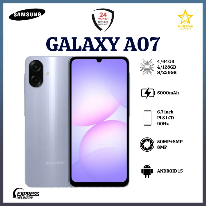 BLACK FRIDAY DEALS!! Samsung Galaxy A07 6.7" IPS LCD Screen, 4GB RAM+64GB ROM, 5000mAh Battery, 50MP Rear & 8MP Front Cameras, Android 15, Dual SIM, 25W Fast Charger, Side Fingerprint - Smartphones