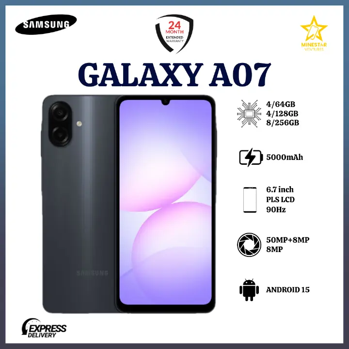 [NEW ARRIVALS] Samsung Galaxy A07 6.7" IPS LCD Screen, 4GB RAM+64GB ROM, 5000mAh Battery, 50MP Rear & 8MP Front Cameras, Android 15, Dual SIM, 25W Fast Charger, Side Fingerprint - Smartphones