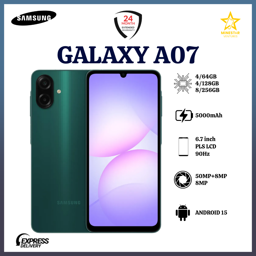 [NEW ARRIVALS] Samsung Galaxy A07 6.7" IPS LCD Screen, 4GB RAM+64GB ROM, 5000mAh Battery, 50MP Rear & 8MP Front Cameras, Android 15, Dual SIM, 25W Fast Charger, Side Fingerprint - Smartphones