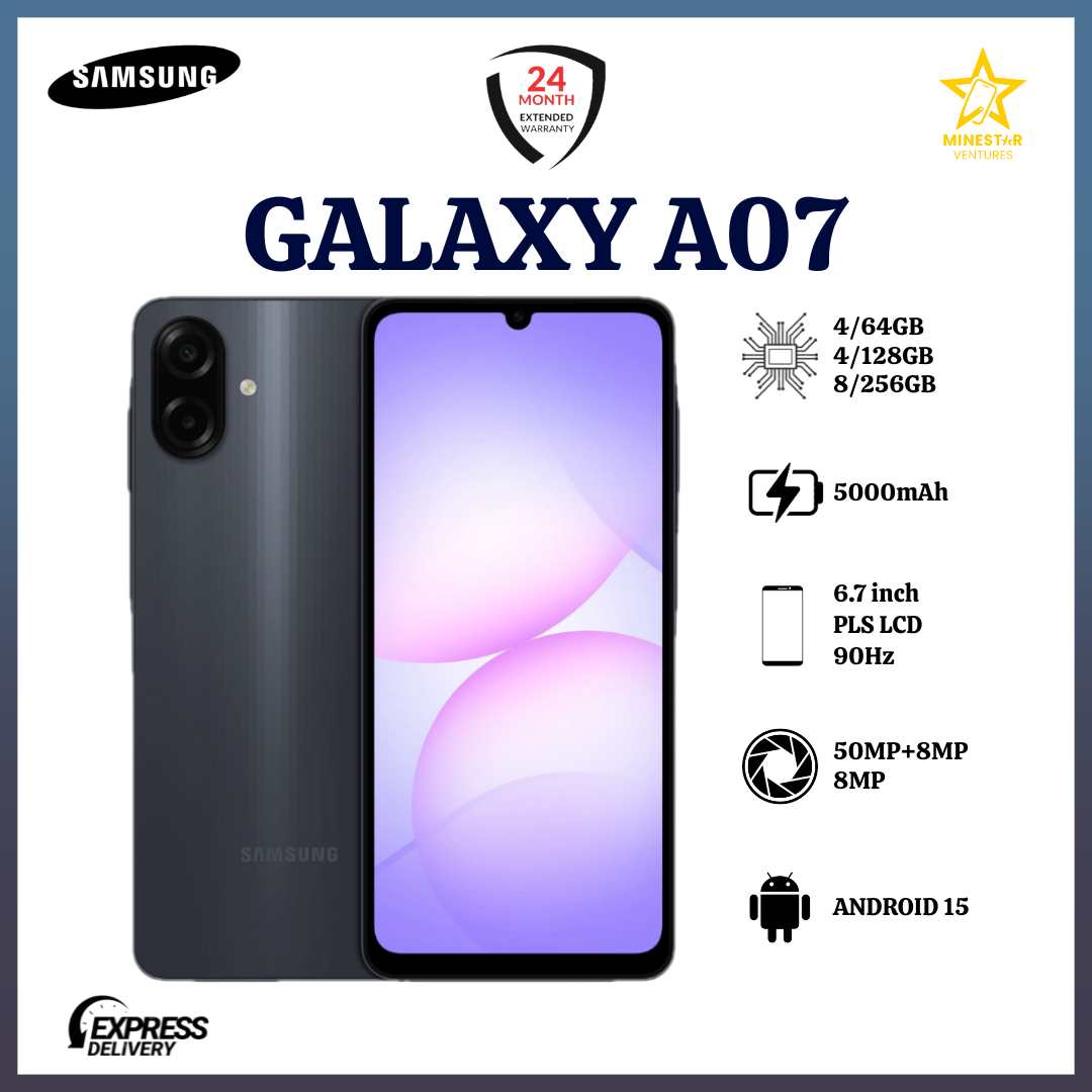 [NEW ARRIVALS] Samsung Galaxy A07 6.7" PLS LCD Screen, 4GB RAM+64GB/128GB ROM, 5000mAh Battery, 50MP Rear & 8MP Front Camera, Android 15, Dual SIM, Side Fingerprint -Smartphones