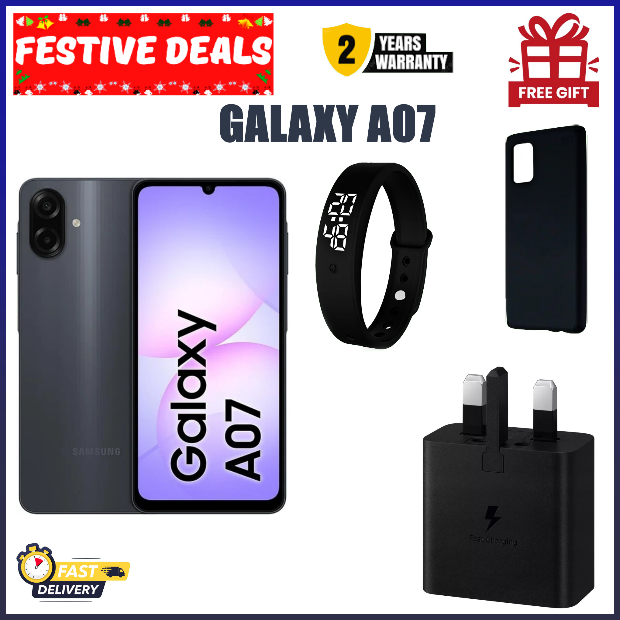 BLACK FRIDAY DEALS!! Samsung Galaxy A07 6.7" PLS LCD Screen, 4GB RAM+128GB ROM, 5000mAh Battery, 50MP Camera, Android 15, Dual SIM, Side Fingerprint -Smartphones+ FREE Cover, Adapter+Earbud+ LED Watch