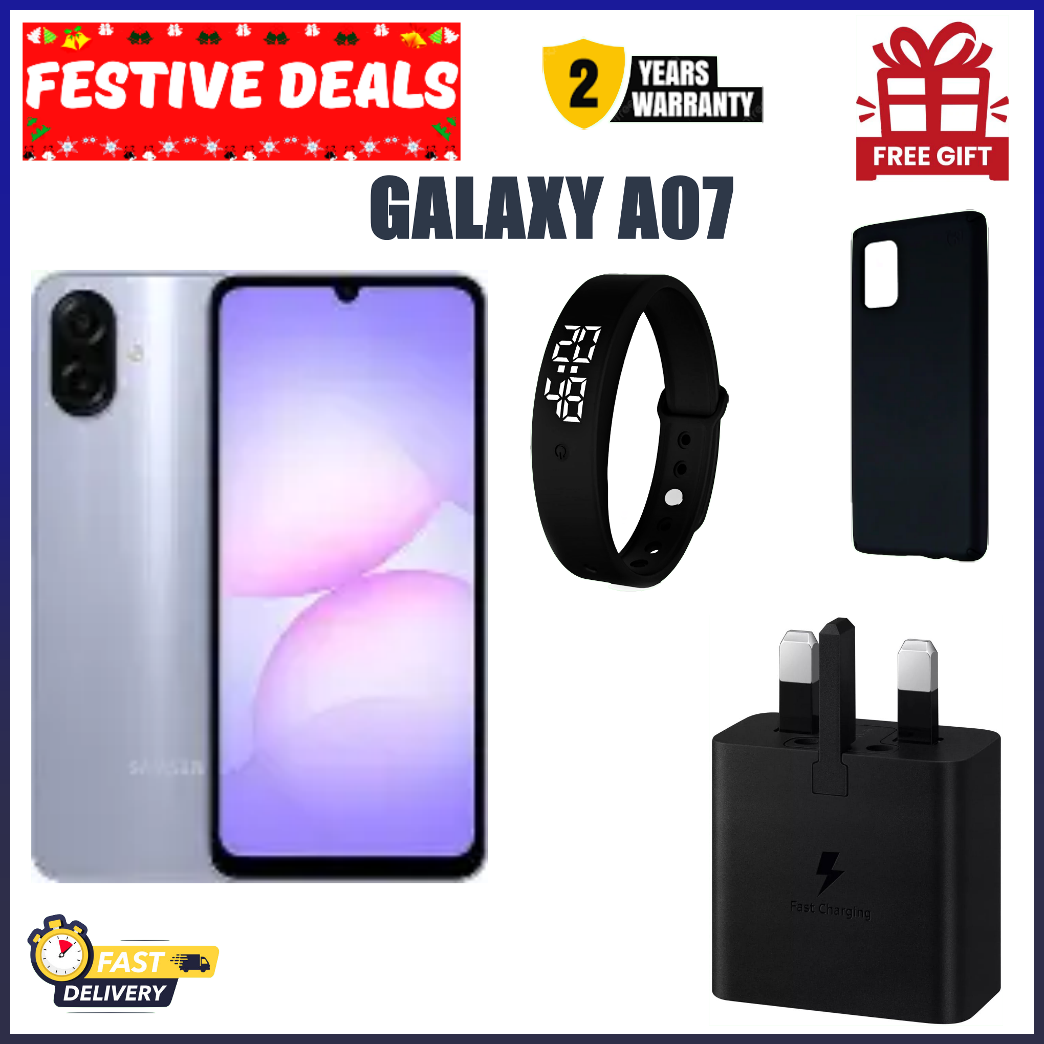 BLACK FRIDAY DEALS!! Samsung Galaxy A07 6.7" PLS LCD Screen, 4GB RAM+128GB ROM, 5000mAh Battery, 50MP Camera, Android 15, Dual SIM, Side Fingerprint -Smartphones+ FREE Cover, Adapter+Earbud+ LED Watch