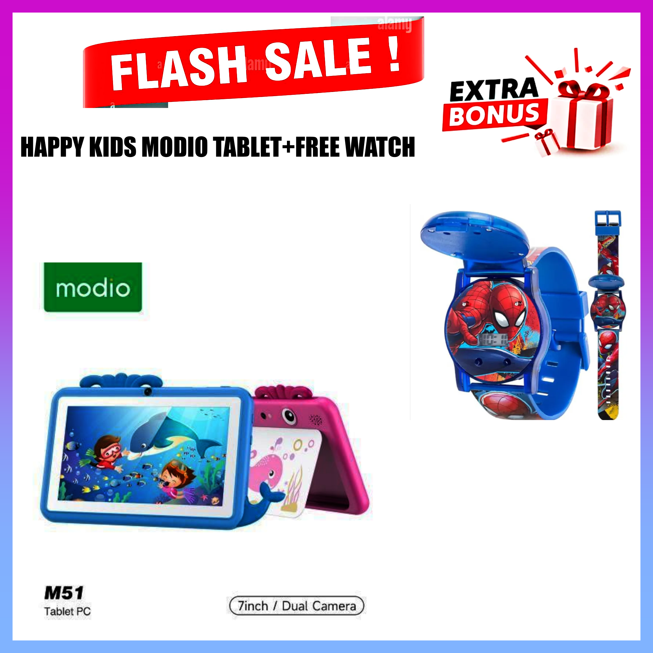 FLASHSALE DEALS!! Modio M51 Kids Tablet – 4GB RAM, 128GB Storage, 7” HD Display, 3000mAh Battery, Dual Camera, 5G WiFi+FREE KIDS WATCH