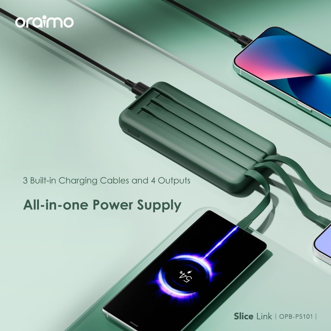 DISCOUNT DEALS!! ORAIMO SLICE LINK 10000mAh POWER BANK: | 3 Built-in Charging Cable | 4 Outputs | 5000 Bend Lifespan | Micro-USB, Type-C & Lightning Ports | Dual Recharging  | Ultra-Slim |