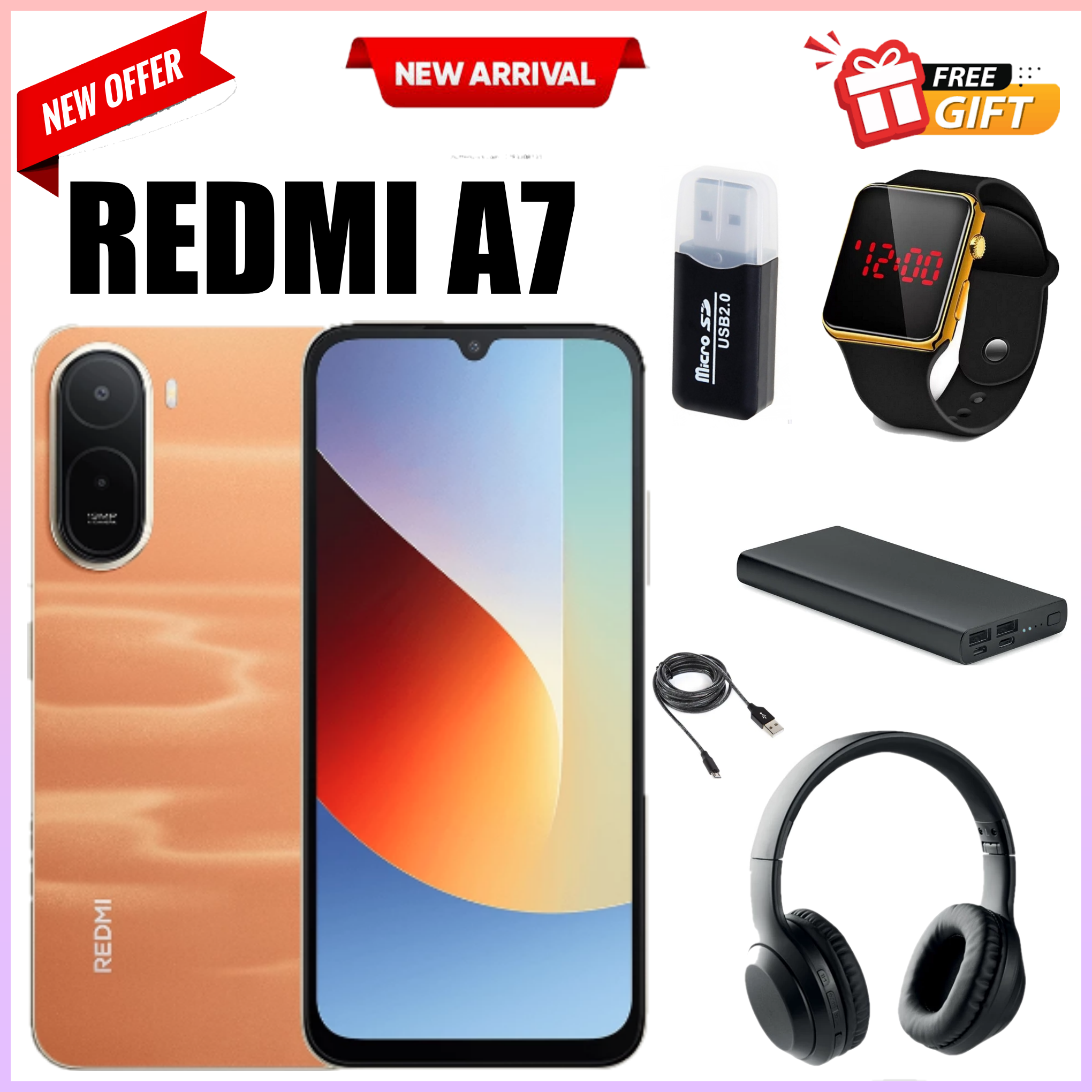 NEW ARRIVALS DEALS!!!Redmi A7 Smartphone - 6.88" LCD Display 3GB RAM + 64GB ROM Dual SIM 5200mAh 13MP main camera 8MP Selfie camera Side fingerprint sensor Type C charger+FREEGIFTS