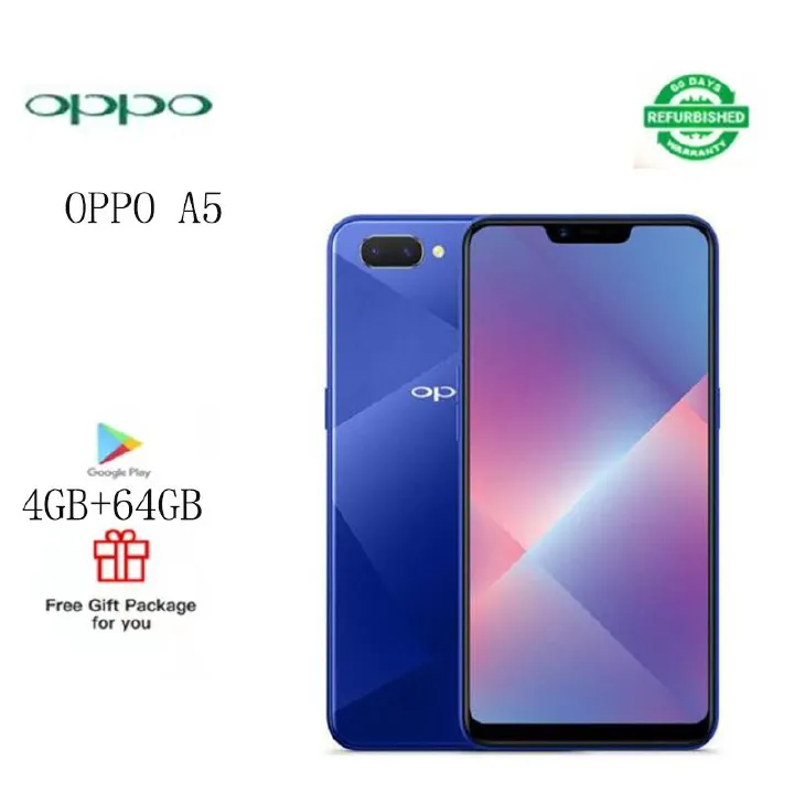 Refurbished    phones   oppo  A5   smart phone 4+64GB fingerprint free unlocking 6.2 inch supports 2G/3G/4G network dual card dual standby   13MP+8MP  4230mAh blue  4+64GB