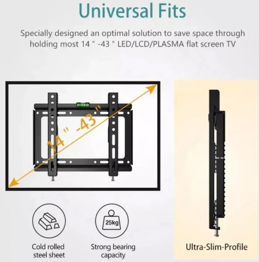 [Special Offer] TV Wall Mount TV Stand 14″-43″ Plasma wall bracket Steel Material Fixed Solid Wall mount suitable for 14 inch to 43 inch Tv, load capacity of 25kg,