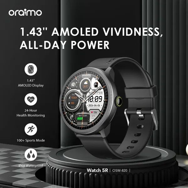 NEW ARRIVAL Oraimo Watch 5R OSW-820 - 1.43'' AMOLED IP68 Smart Watch - Advanced Wearable Technology