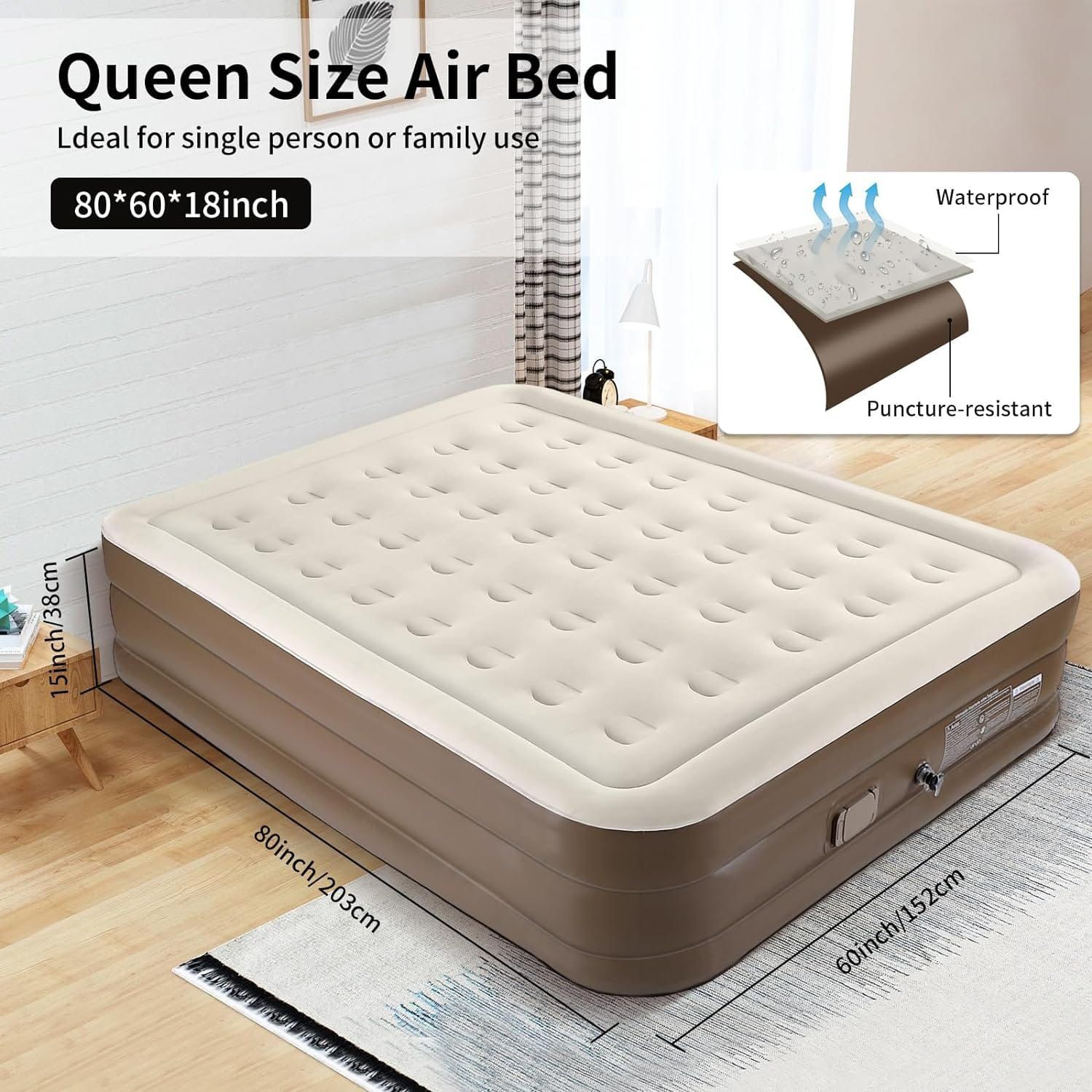 Inflatable Queen Size Airbed Mattress with Built-in Pump - Ideal for Home, Travel, & Camping (20015238 cm)