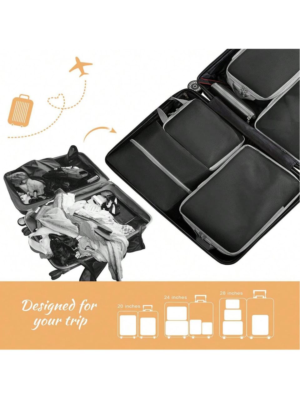 8-Piece Waterproof Travel Packing Cubes – Compressible, Lightweight Luggage Organizer with Handbag