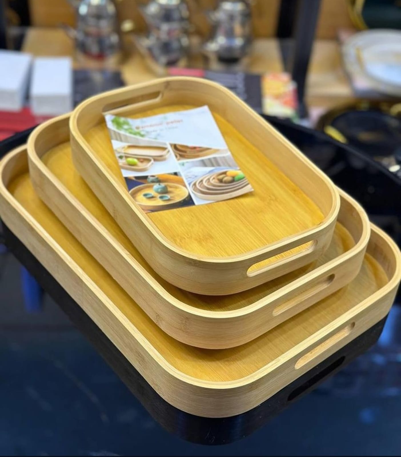 3-Piece Bamboo Food Storage & Serving Tray Set Multi-Functional Wooden Trays with Handles for Kitchen & Entertaining