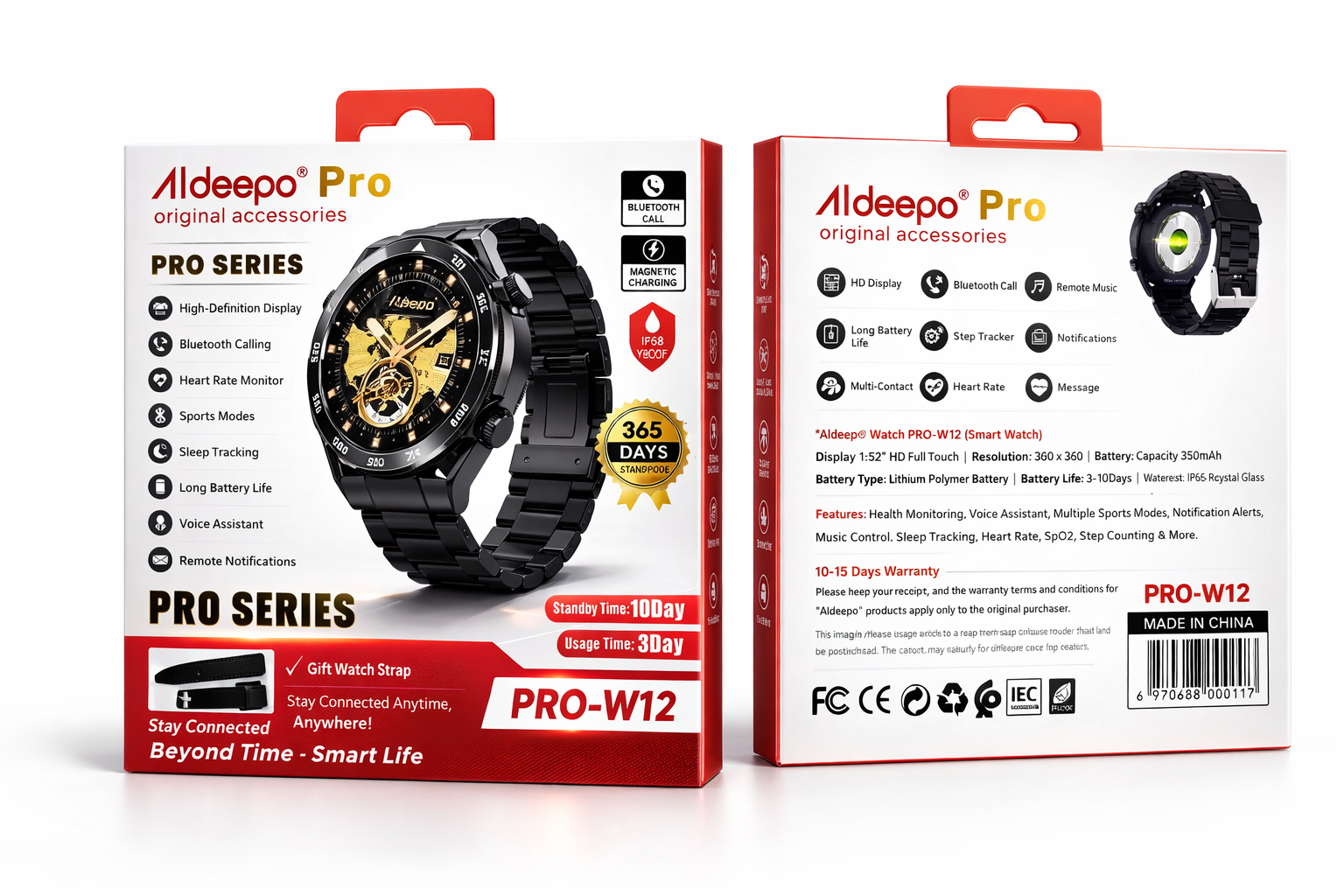 ALDEEPO PRO SERIES -W12 SMART WATCH | ⁠Bluetooth Calling | Step count | ⁠Heart rate monitor |  ⁠Stop watch | Find phone | Music Control