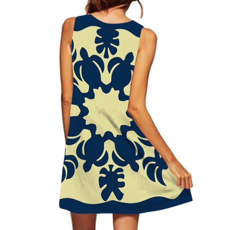 2024 Cross-border WOMEN'S Clothing New Dress V-neck Sleeveless Sexy Printed Large Hem Medium Length Dress