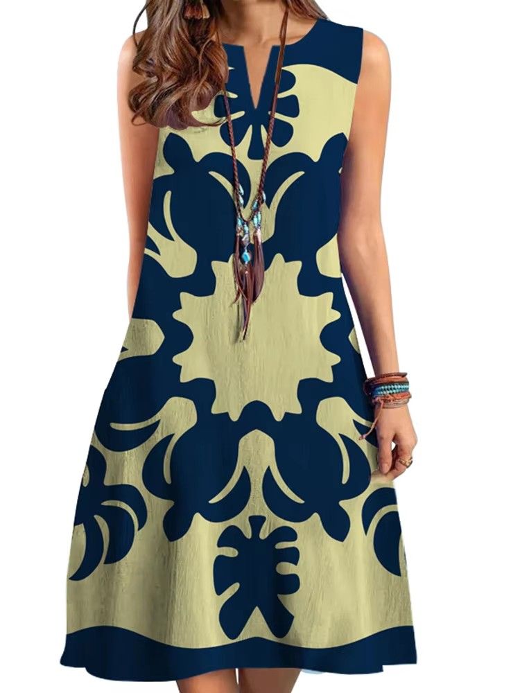 2024 Cross-border WOMEN'S Clothing New Dress V-neck Sleeveless Sexy Printed Large Hem Medium Length Dress