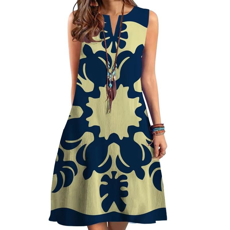 2024 Cross-border WOMEN'S Clothing New Dress V-neck Sleeveless Sexy Printed Large Hem Medium Length Dress