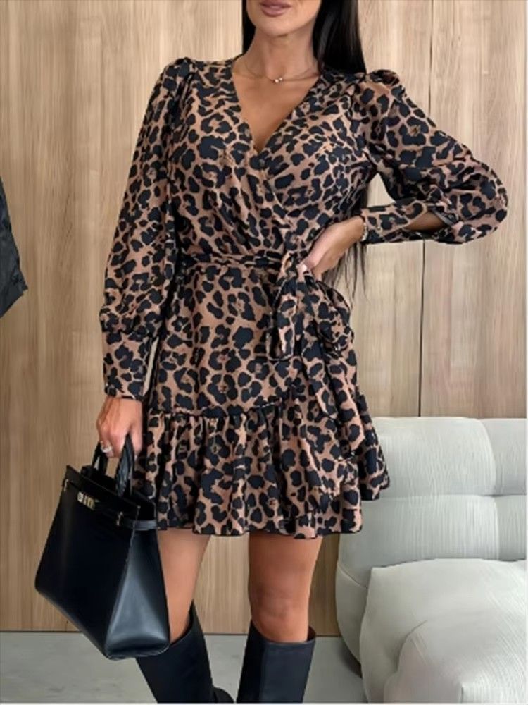 Women's Leopard Printed Dresses V-Neck Lace Up Bubble Long Sleeved Sexy Dress Elegant Dating Autumn Mini Dress