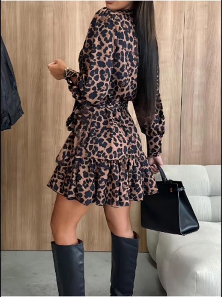Women's Leopard Printed Dresses V-Neck Lace Up Bubble Long Sleeved Sexy Dress Elegant Dating Autumn Mini Dress