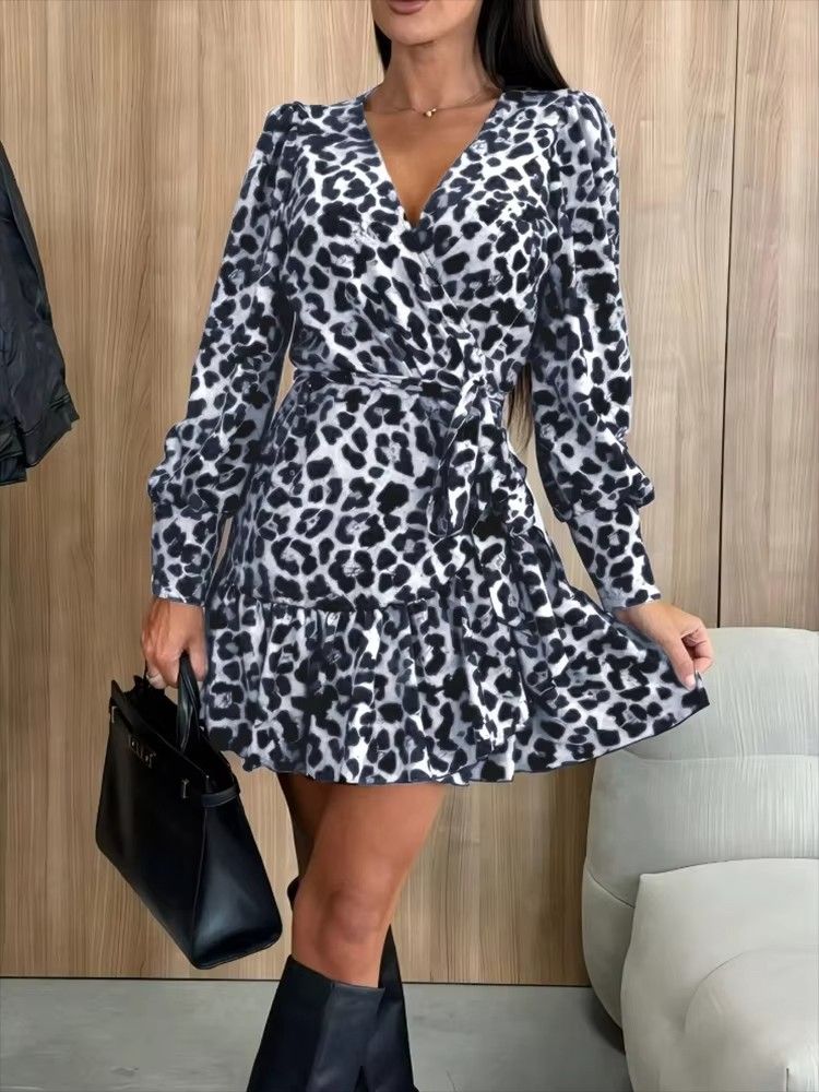 Women's Leopard Printed Dresses V-Neck Lace Up Bubble Long Sleeved Sexy Dress Elegant Dating Autumn Mini Dress