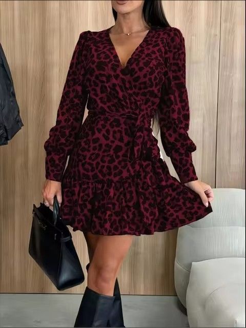 Women's Leopard Printed Dresses V-Neck Lace Up Bubble Long Sleeved Sexy Dress Elegant Dating Autumn Mini Dress