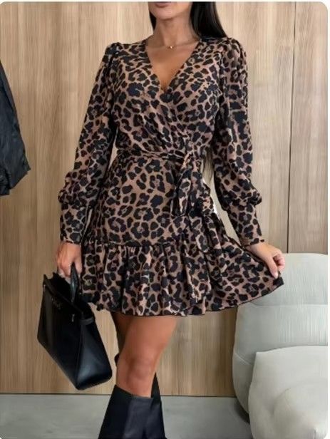 Women's Leopard Printed Dresses V-Neck Lace Up Bubble Long Sleeved Sexy Dress Elegant Dating Autumn Mini Dress