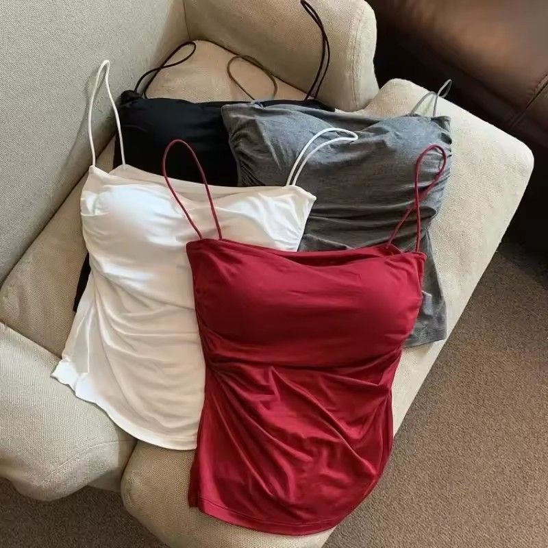 Women With Built In Bra Spaghetti Strap Tanks Summer Camis Tank Casual Tops For Woman Solid Color Female Korean Style