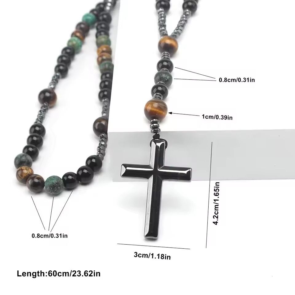 Natural Stone Africa Turquoise and Tiger-eye Beads Cross Pendant Necklace Rosary for Men and Women