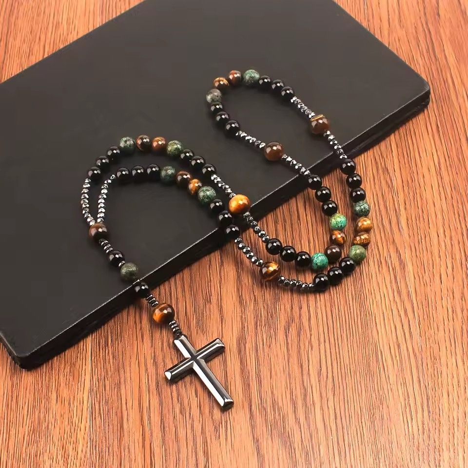 Natural Stone Africa Turquoise and Tiger-eye Beads Cross Pendant Necklace Rosary for Men and Women