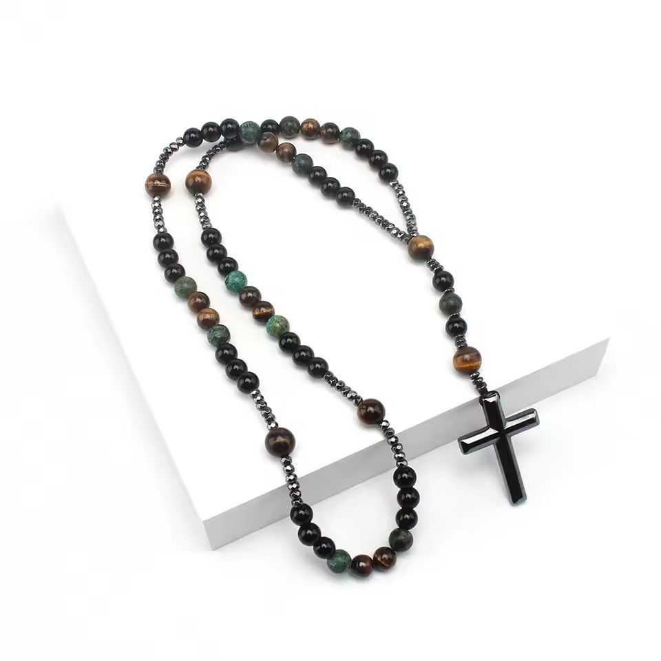 Natural Stone Africa Turquoise and Tiger-eye Beads Cross Pendant Necklace Rosary for Men and Women