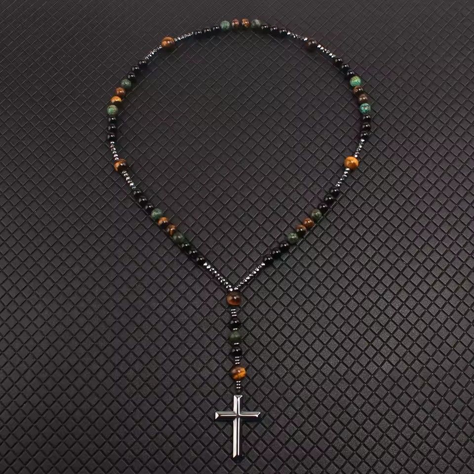 Natural Stone Africa Turquoise and Tiger-eye Beads Cross Pendant Necklace Rosary for Men and Women
