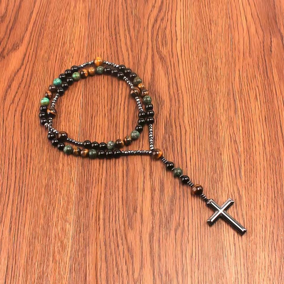 Natural Stone Africa Turquoise and Tiger-eye Beads Cross Pendant Necklace Rosary for Men and Women