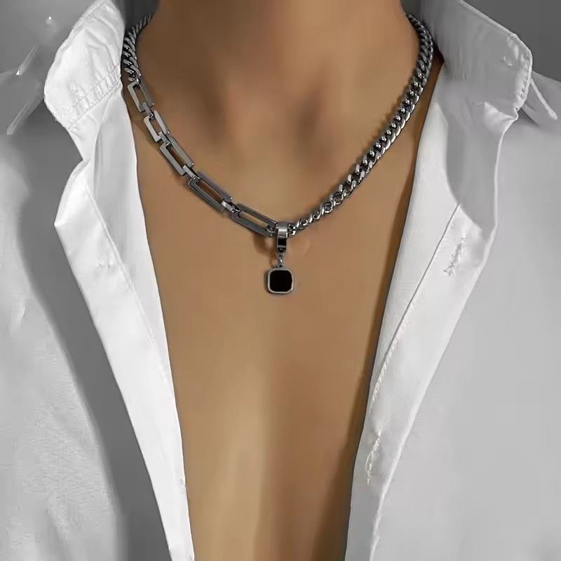 Trendy Stainless Steel Chain Splice Black Stone Pendant Necklace For Men 50CM+5CM Length Choker Male Neck Chains