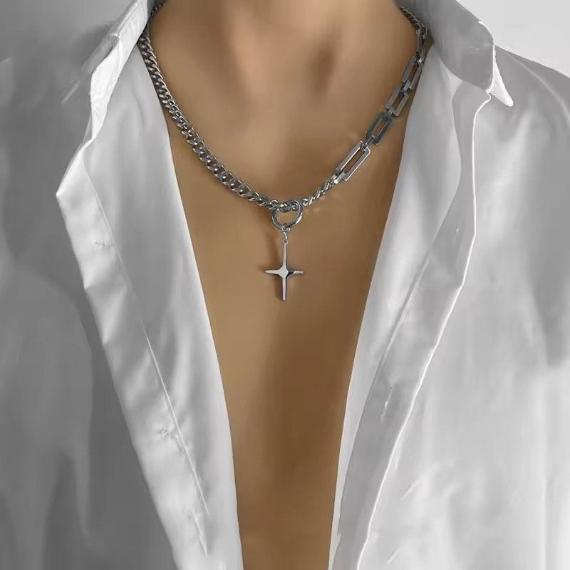 Trendy Stainless Steel Chain Splice Black Stone Pendant Necklace For Men 50CM+5CM Length Choker Male Neck Chains