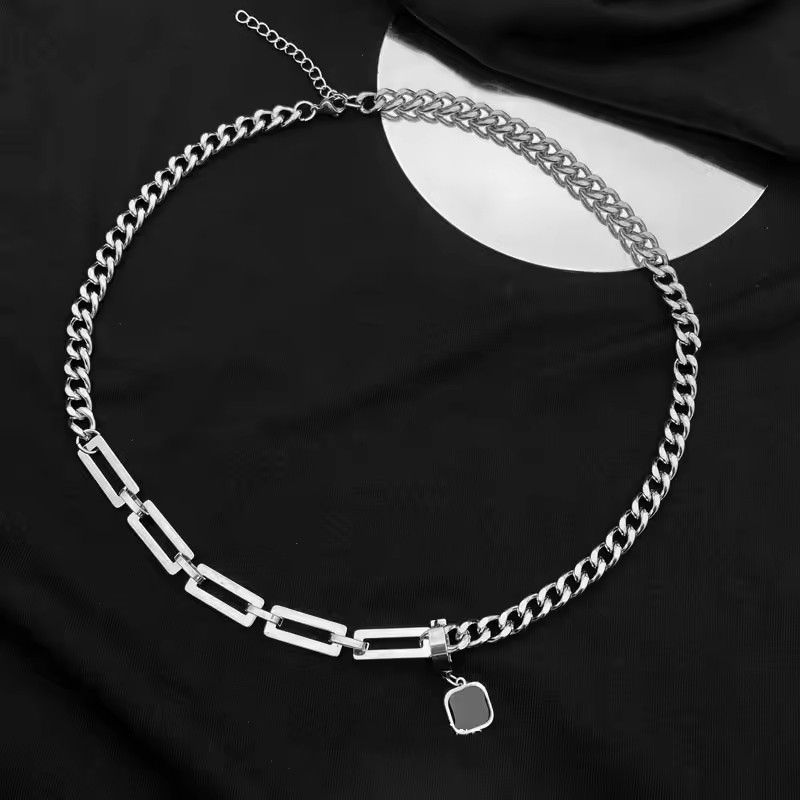 Trendy Stainless Steel Chain Splice Black Stone Pendant Necklace For Men 50CM+5CM Length Choker Male Neck Chains
