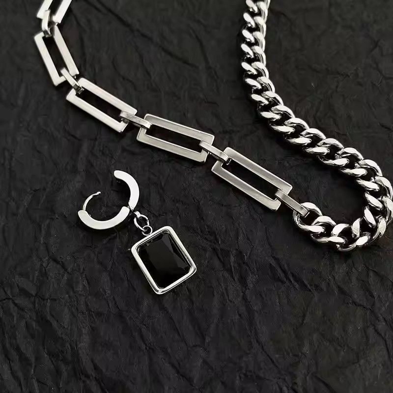 Trendy Stainless Steel Chain Splice Black Stone Pendant Necklace For Men 50CM+5CM Length Choker Male Neck Chains